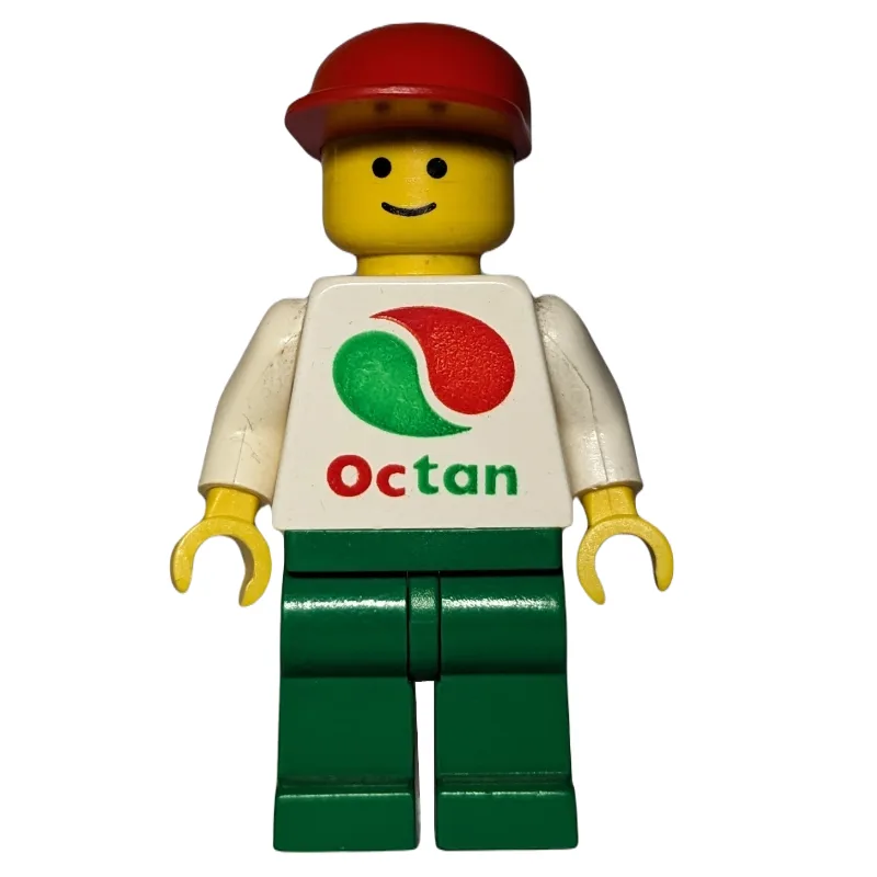 Man, White Top with Large Octan Logo, Green L… — minifigurine LEGO | Brick Broker