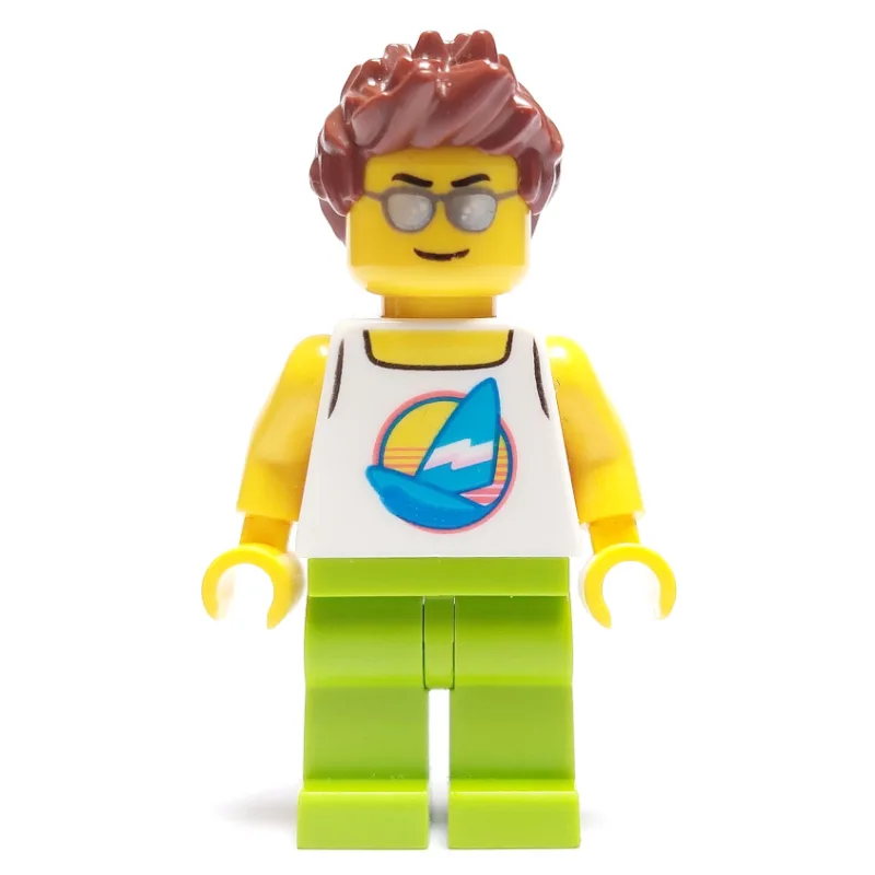 Man, White Tank Top with Windsurfer, Lime Leg… — minifigurine LEGO | Brick Broker
