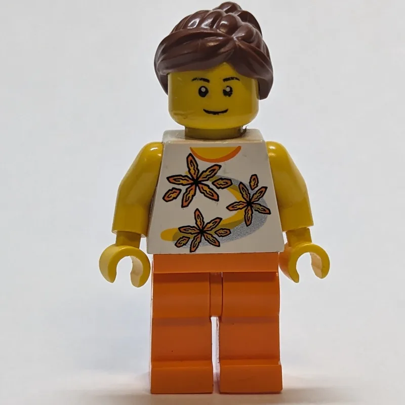 White Torso with Flowers, Orange Leg, Dark Br… — minifigurine LEGO | Brick Broker