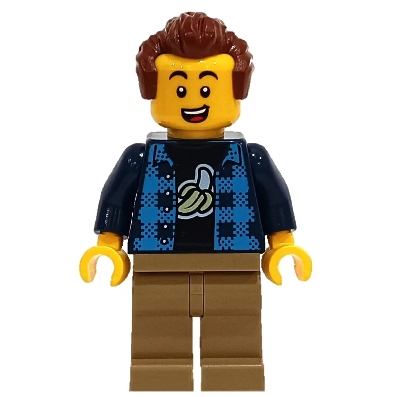 Man, Open Dark Blue Plaid Shirt, Dark Tan Leg… — minifigurine LEGO | Brick Broker