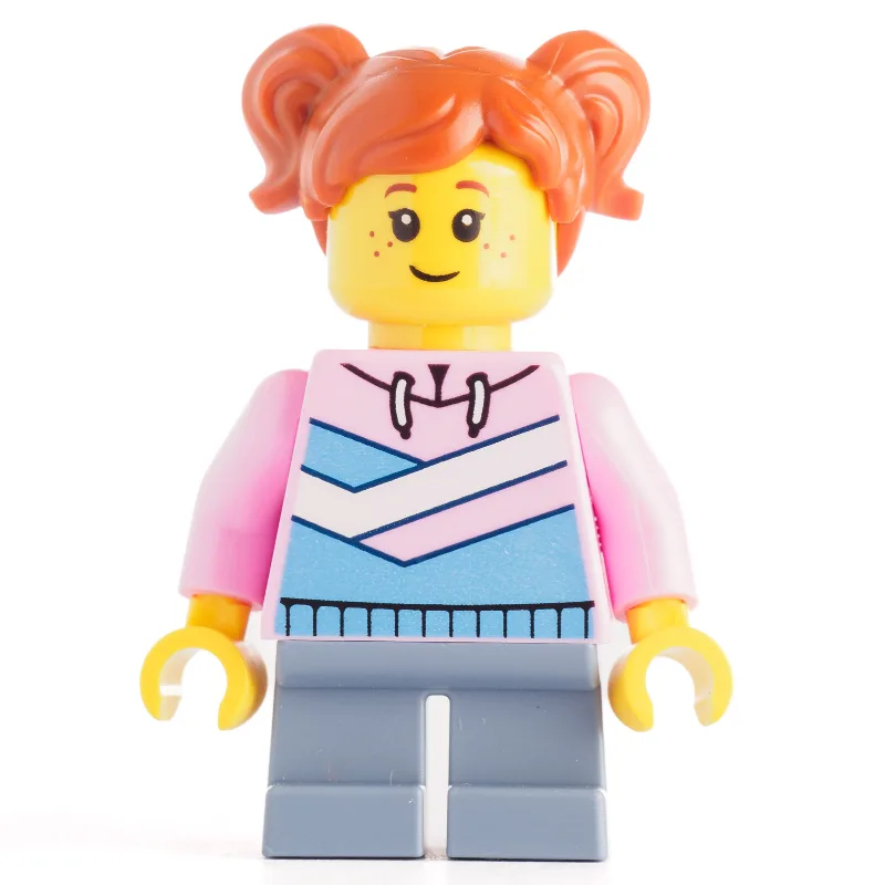 Girl, Bright Pink Hoodie, Short Sand Blue Legs — minifigurine LEGO | Brick Broker