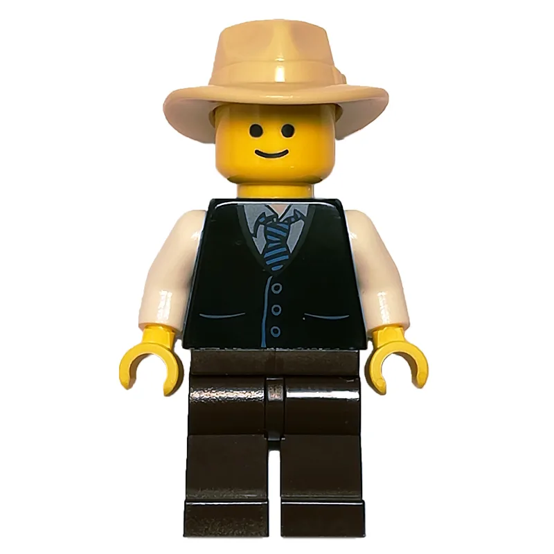 Black Torso Jacket, Dark Brown Legs, Tan Hat — minifigurine LEGO | Brick Broker