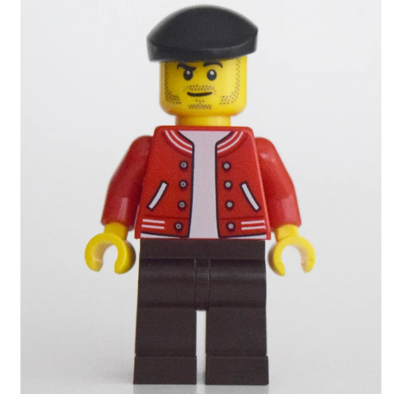 Man, Red Letterman Jacket, Dark Brown Legs, B… — minifigurine LEGO | Brick Broker
