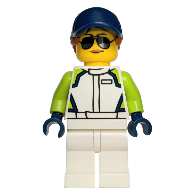 Racer, White Race Suit, Dark Blue Cap, Sungla… — minifigurine LEGO | Brick Broker