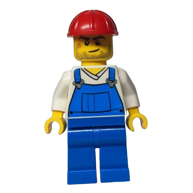 Man, Blue Overalls over White V-Neck Shirt, R… — minifigurine LEGO | Brick Broker