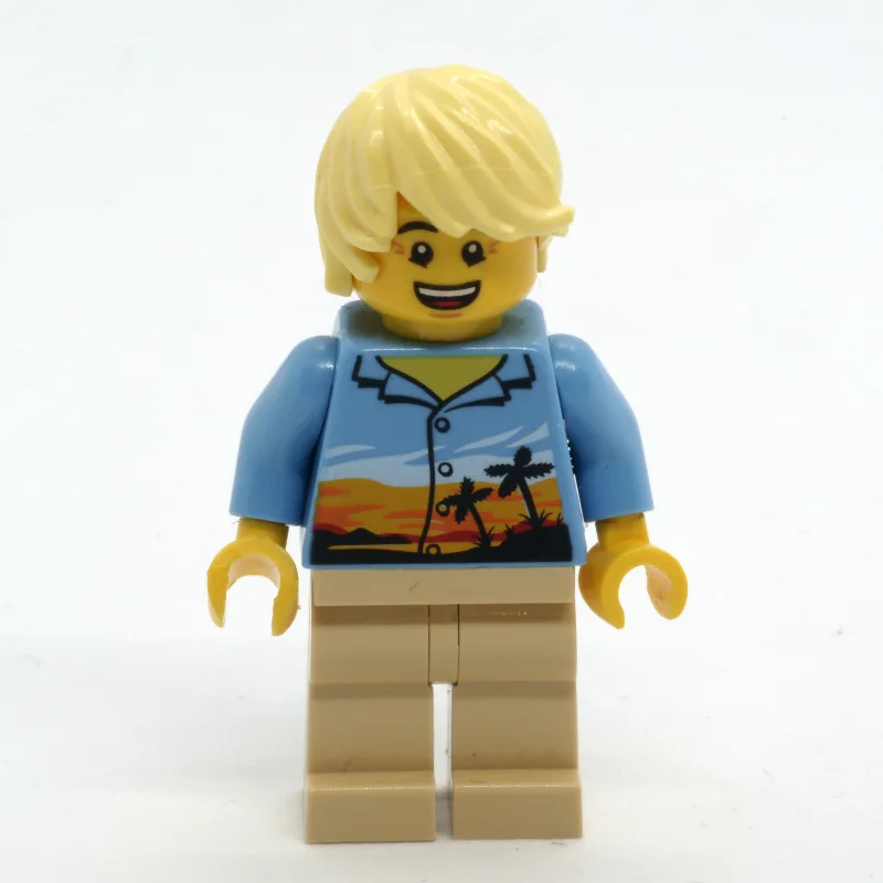 Man, Medium Blue Shirt with Palm Trees and Su… — minifigurine LEGO | Brick Broker