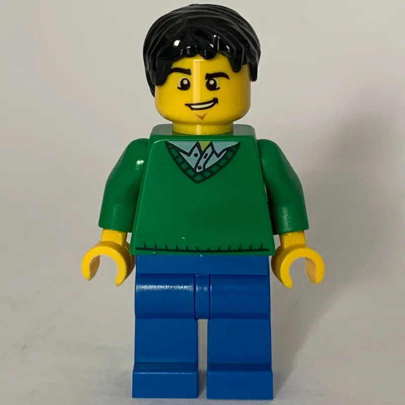 Man, Green V-Neck Sweater, Blue Legs, Black H… — minifigurine LEGO | Brick Broker