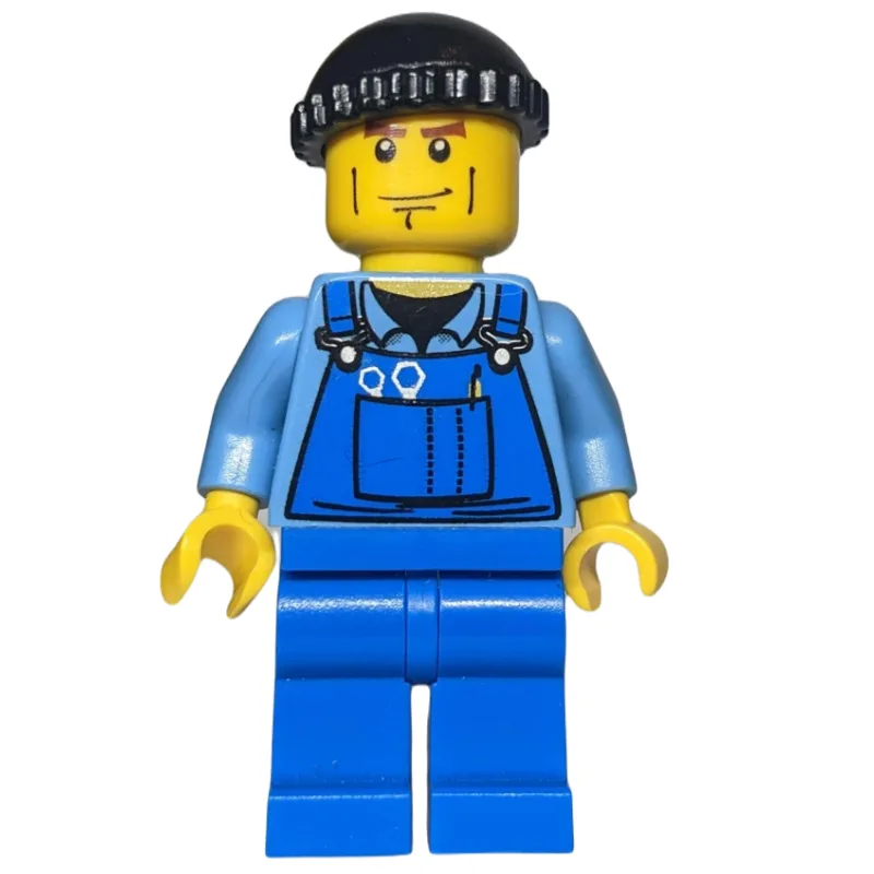 Man, Blue Overalls over Shirt, Blue Legs, Bla… — minifigurine LEGO | Brick Broker