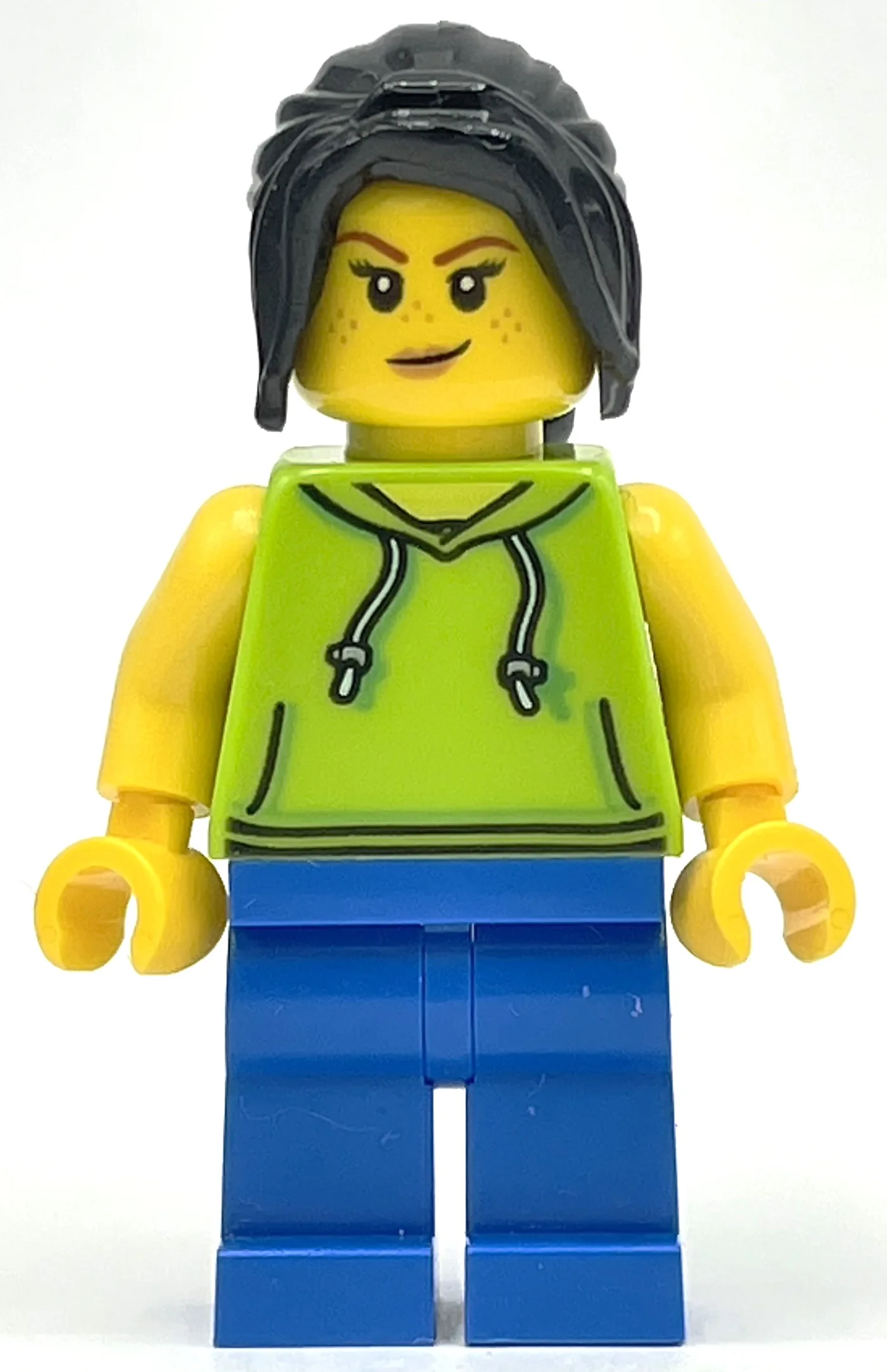 Woman, Lime Hoodie, Blue Legs, Black Hair — minifigurine LEGO | Brick Broker