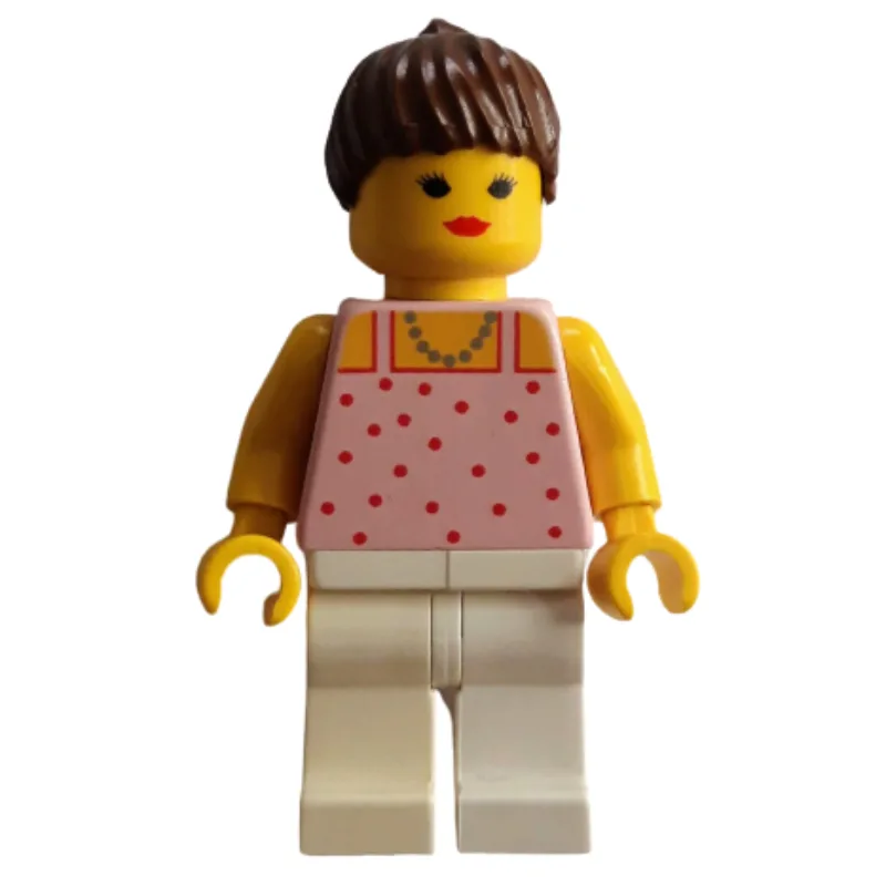 Woman, Pink Top with Spots, White Legs, Brown… — minifigurine LEGO | Brick Broker