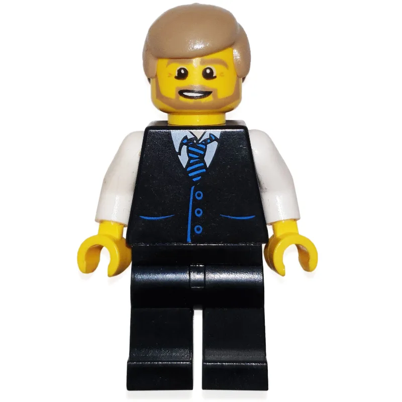 Man, Black Vest with Tie, Dark Tan Hair, Beard — minifigurine LEGO | Brick Broker