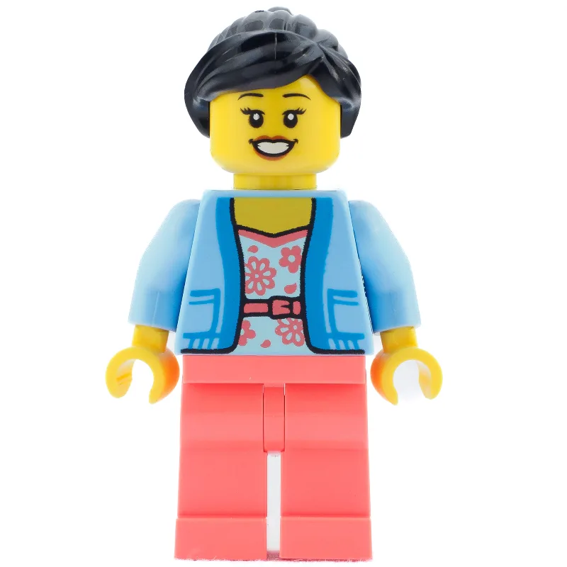 Bright Light Blue Torso, Coral Legs, Black Ha… — minifigurine LEGO | Brick Broker