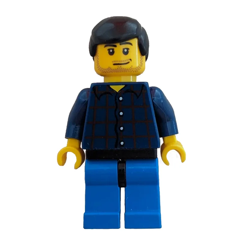 Man, Dark Blue Plaid Shirt, Blue Legs, Black… — minifigurine LEGO | Brick Broker
