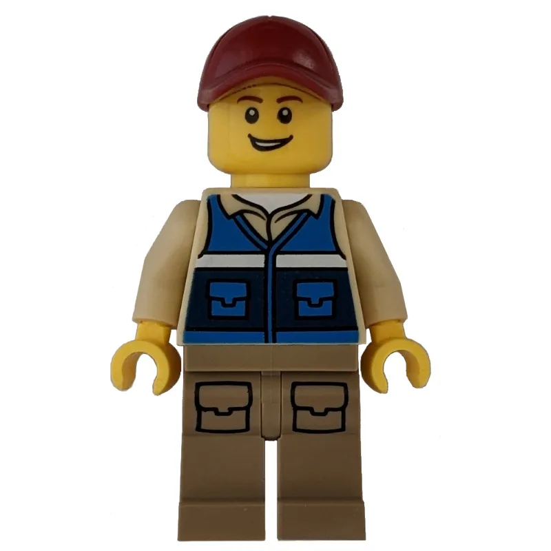Man, Blue Vest, Dark Tan Legs, Dark Red Cap — minifigurine LEGO | Brick Broker
