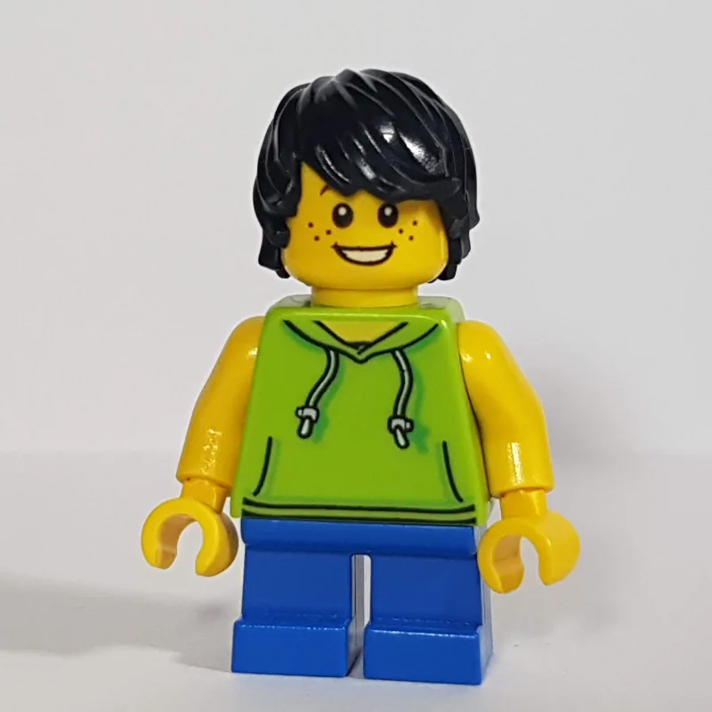 Boy, Lime Hoodie, Short Blue Legs, Black Hair — minifigurine LEGO | Brick Broker