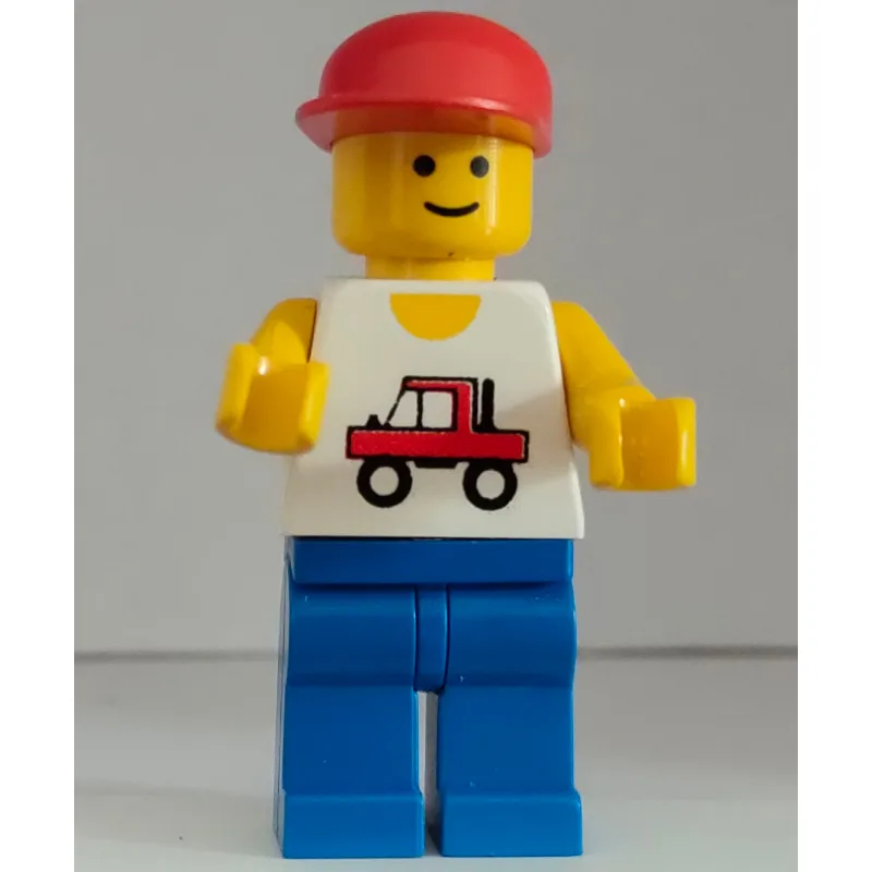Man, White Vest with Truck, Blue Legs, Red Ca… — minifigurine LEGO | Brick Broker