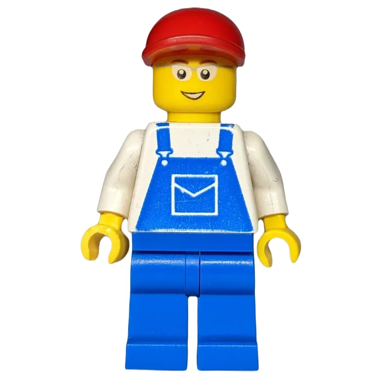 Man, Blue Overalls over White V-Neck Shirt, R… — minifigurine LEGO | Brick Broker