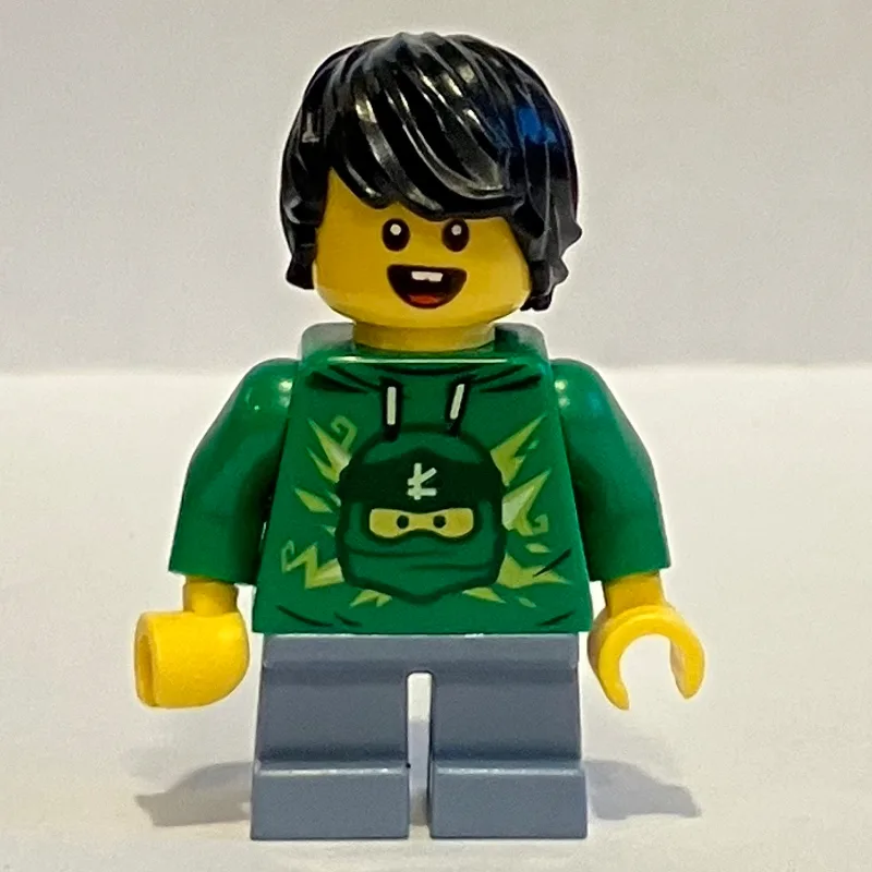 Kid - Green Torso, Sand Blue Legs, Black Hair — minifigurine LEGO | Brick Broker