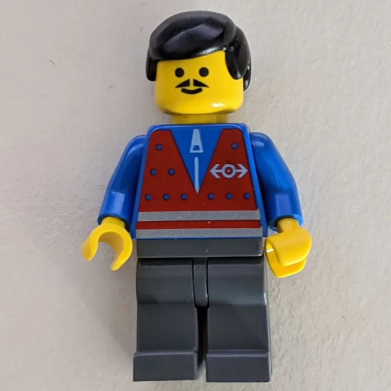 Train Worker - Red Vest, Dark Gray Legs, Blac… — minifigurine LEGO | Brick Broker