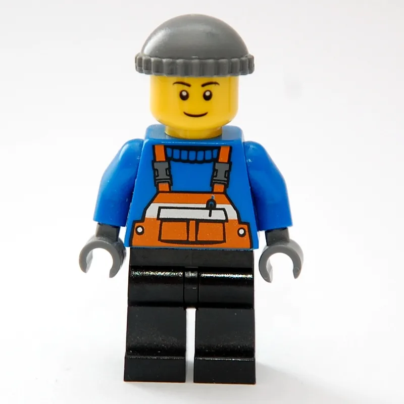 Man, Orange Overalls over Blue Sweater, Black… — minifigurine LEGO | Brick Broker