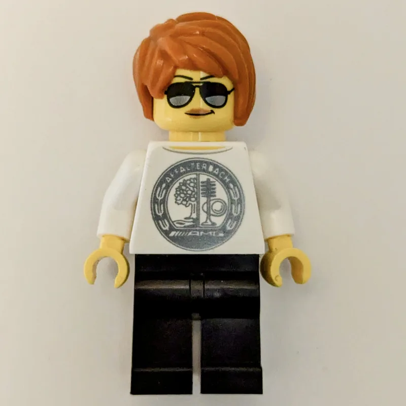 Race Driver - White Torso, Black Legs, Dark O… — minifigurine LEGO | Brick Broker