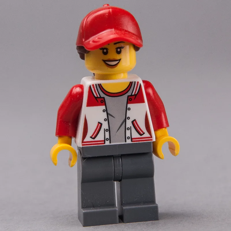 Woman, Red and White Letterman Jacket, Dark B… — minifigurine LEGO | Brick Broker