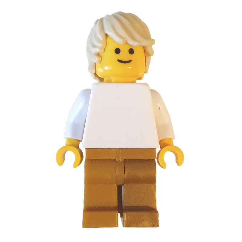 Man, Plain White Torso, Pearl Gold Legs, Tan… — minifigurine LEGO | Brick Broker