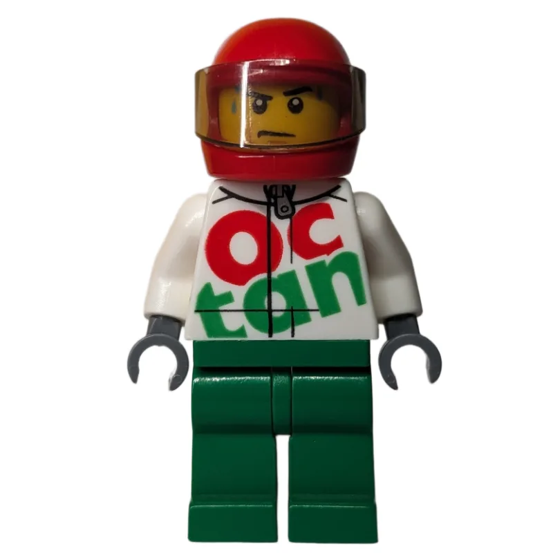 Racer, White and Green Jumpsuit with Large 'O… — minifigurine LEGO | Brick Broker