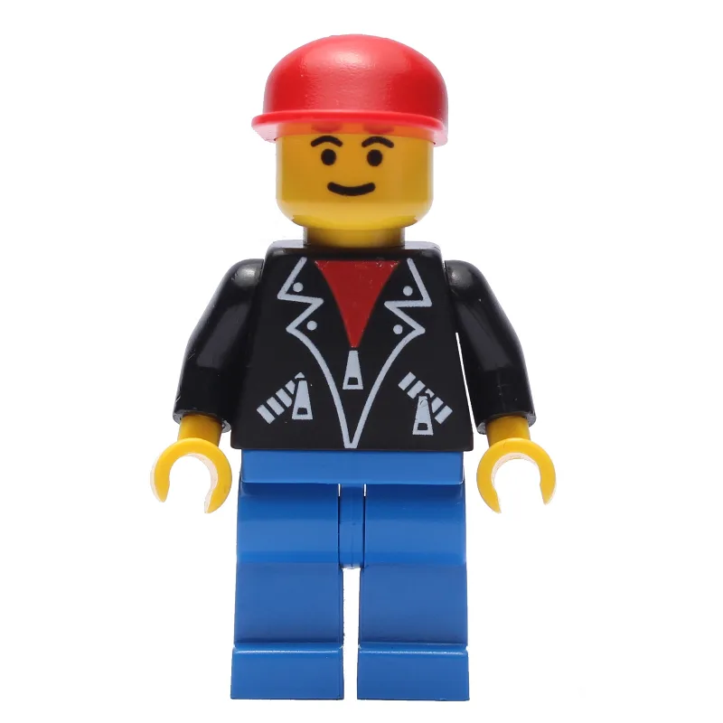 Man, Open Black Jacket over Red Shirt, Blue L… — minifigurine LEGO | Brick Broker
