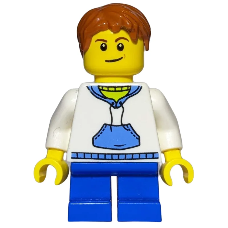 Boy, White and Blue Hoodie, Short Blue Legs,… — minifigurine LEGO | Brick Broker