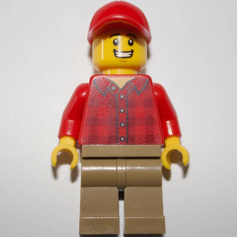 Man, Red Flannel Shirt, Dark Tan Legs, Red Cap — minifigurine LEGO | Brick Broker