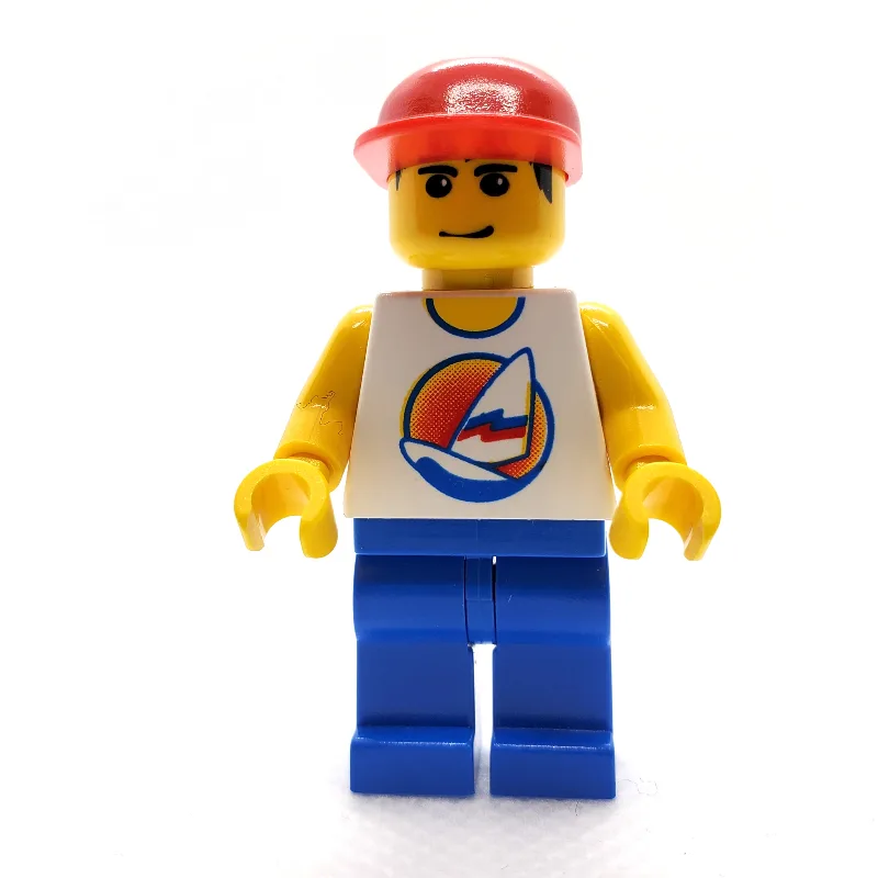 Man, White Tank Top with Windsurfer, Blue Leg… — minifigurine LEGO | Brick Broker