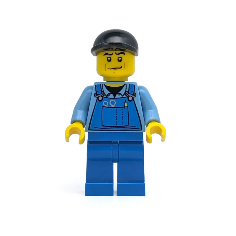 Man, Blue Overalls over Shirt, Blue Legs, Bla… — minifigurine LEGO | Brick Broker