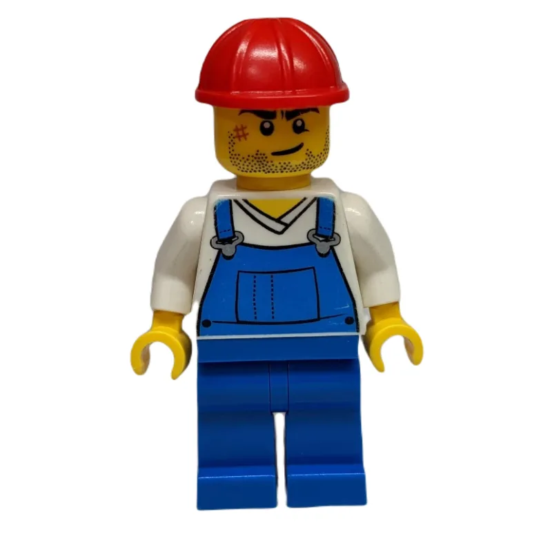 Man, Blue Overalls over White V-Neck Shirt, R… — minifigurine LEGO | Brick Broker