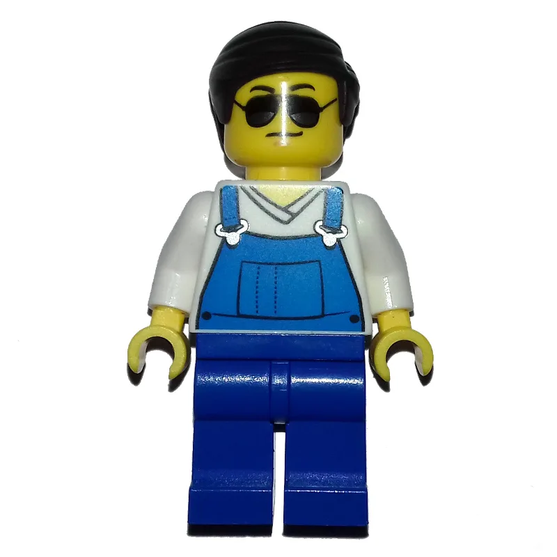 Man, Blue Overalls over White V-Neck Shirt, D… — minifigurine LEGO | Brick Broker