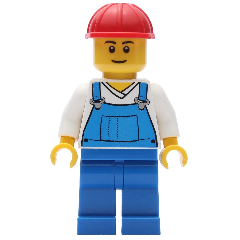 Blue Overalls and White V-Necked Shirt, Red H… — minifigurine LEGO | Brick Broker