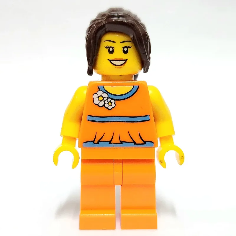 Woman, Orange Outfit with Flowers, Dark Brown… — minifigurine LEGO | Brick Broker