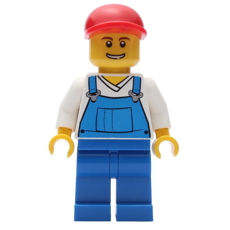 Man, Blue Overalls over White V-Neck Shirt, R… — minifigurine LEGO | Brick Broker