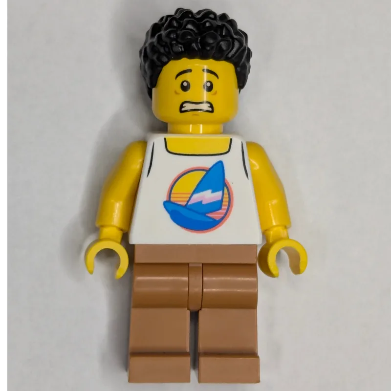 Man, White Vest, Medium Nougat Legs, Black Ha… — minifigurine LEGO | Brick Broker