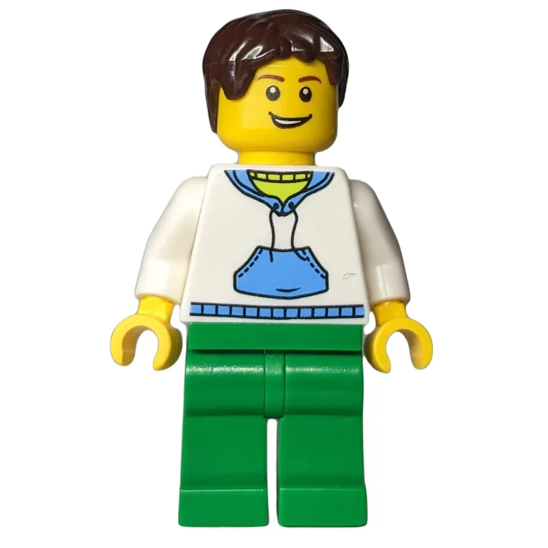 Man, White and Blue Hoodie, Green Legs, Dark… — minifigurine LEGO | Brick Broker