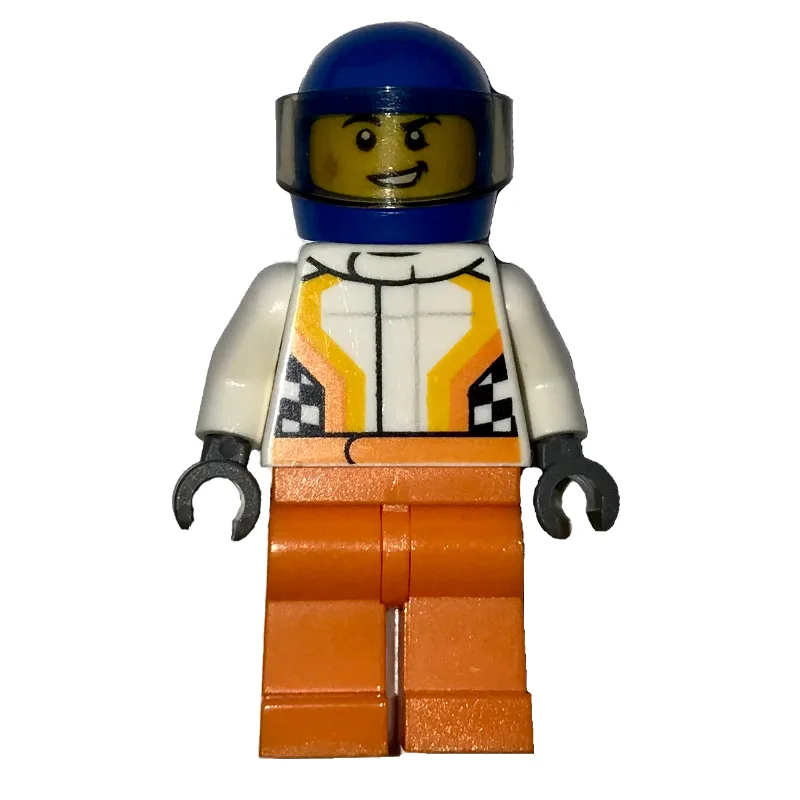 Racer, White and Orange Jumpsuit, Blue Helmet… — minifigurine LEGO | Brick Broker