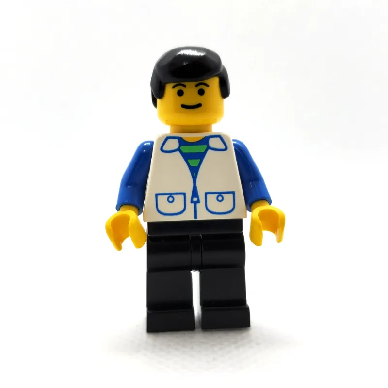 Man, Open White Vest over Blue and Green Stri… — minifigurine LEGO | Brick Broker