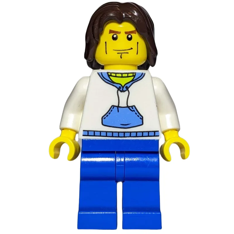 Man, White and Blue Hoodie, Blue Legs, Dark B… — minifigurine LEGO | Brick Broker