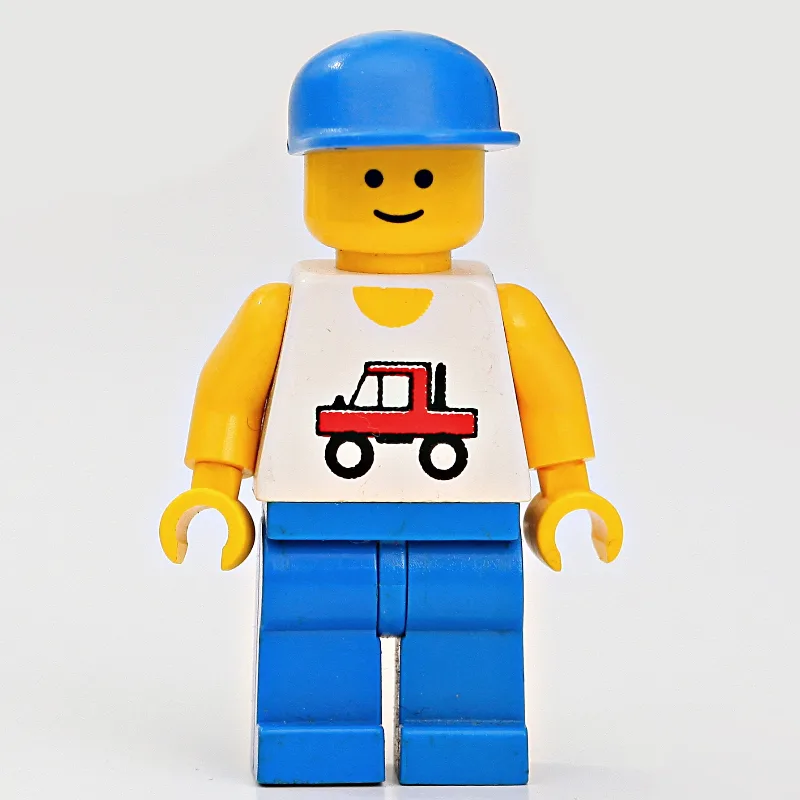 Man, White Vest with Truck, Blue Legs, Blue C… — minifigurine LEGO | Brick Broker