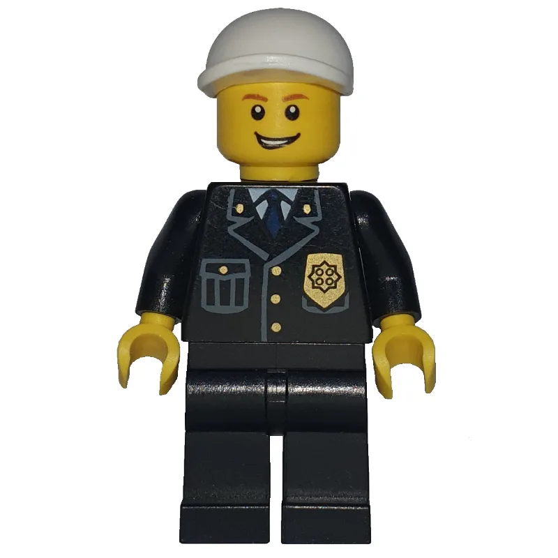 Policeman, Black Suit with Badge, White Cap,… — minifigurine LEGO | Brick Broker