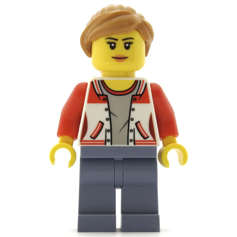 Woman, Red and White Letterman Jacket, Sand B… — minifigurine LEGO | Brick Broker