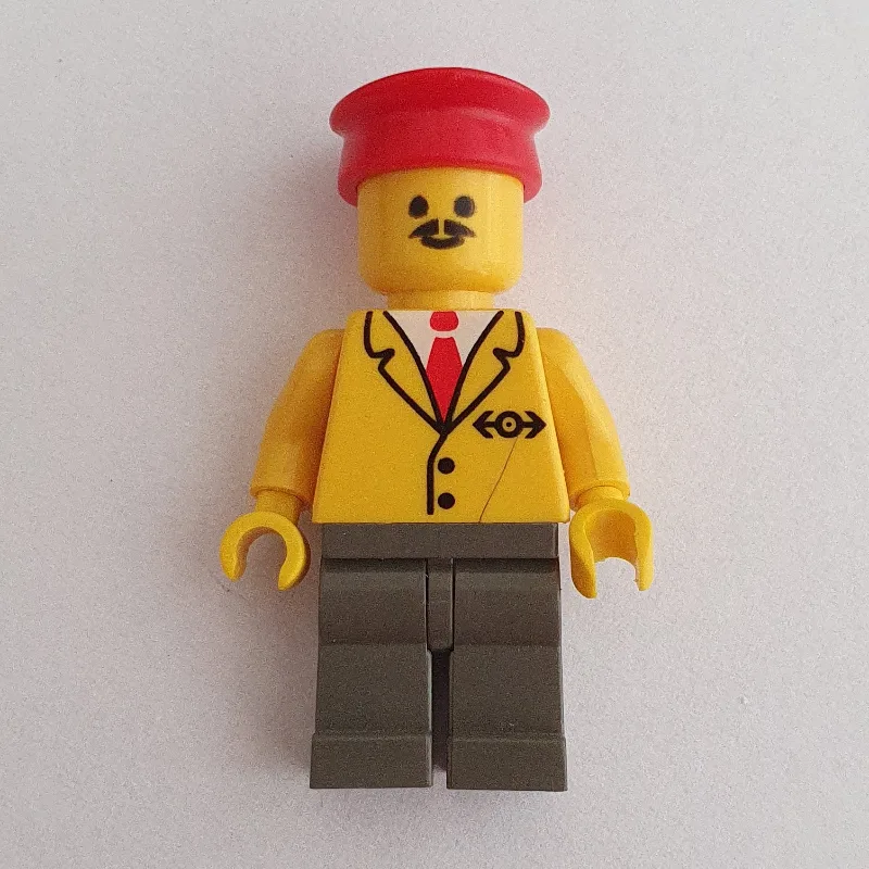 Train Employee - Yellow Torso, Dark Grey Legs… — minifigurine LEGO | Brick Broker