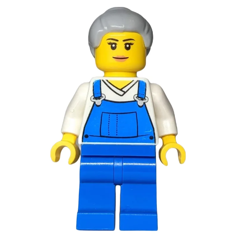 Woman, Blue Overalls over White V-Neck Shirt,… — minifigurine LEGO | Brick Broker