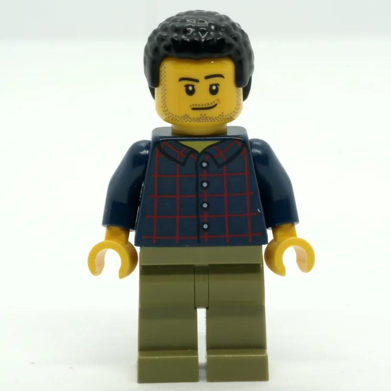 Man, Dark Blue Plaid Shirt, Olive Legs, Black… — minifigurine LEGO | Brick Broker
