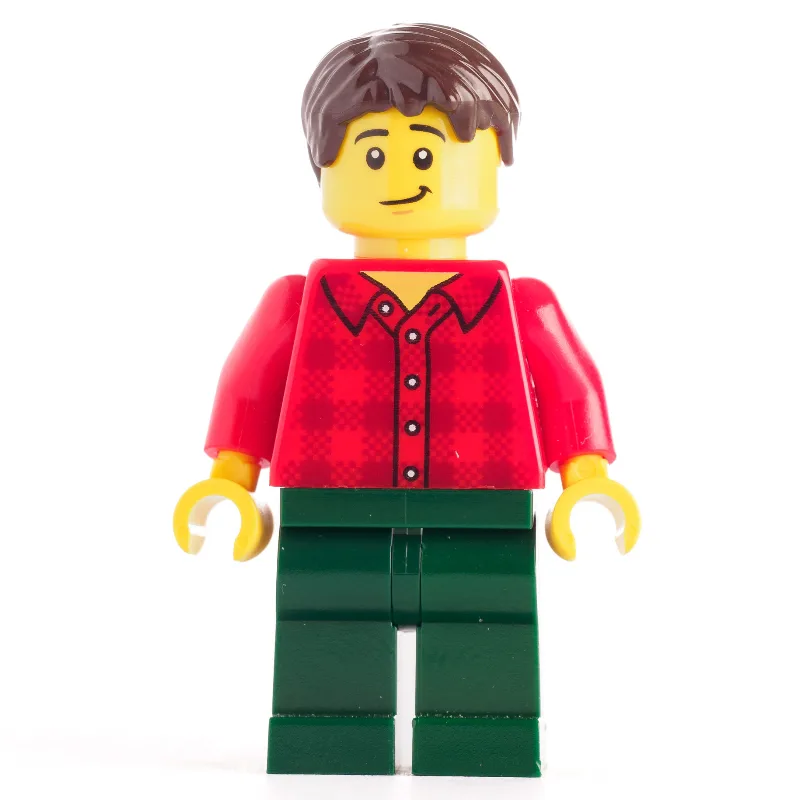 Red Torso, Dark Green Legs Dark Brown Hair — minifigurine LEGO | Brick Broker